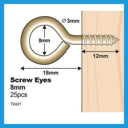 Everhang Screw Eye Hooks - 8mm - Brass Plated - 25 Pack