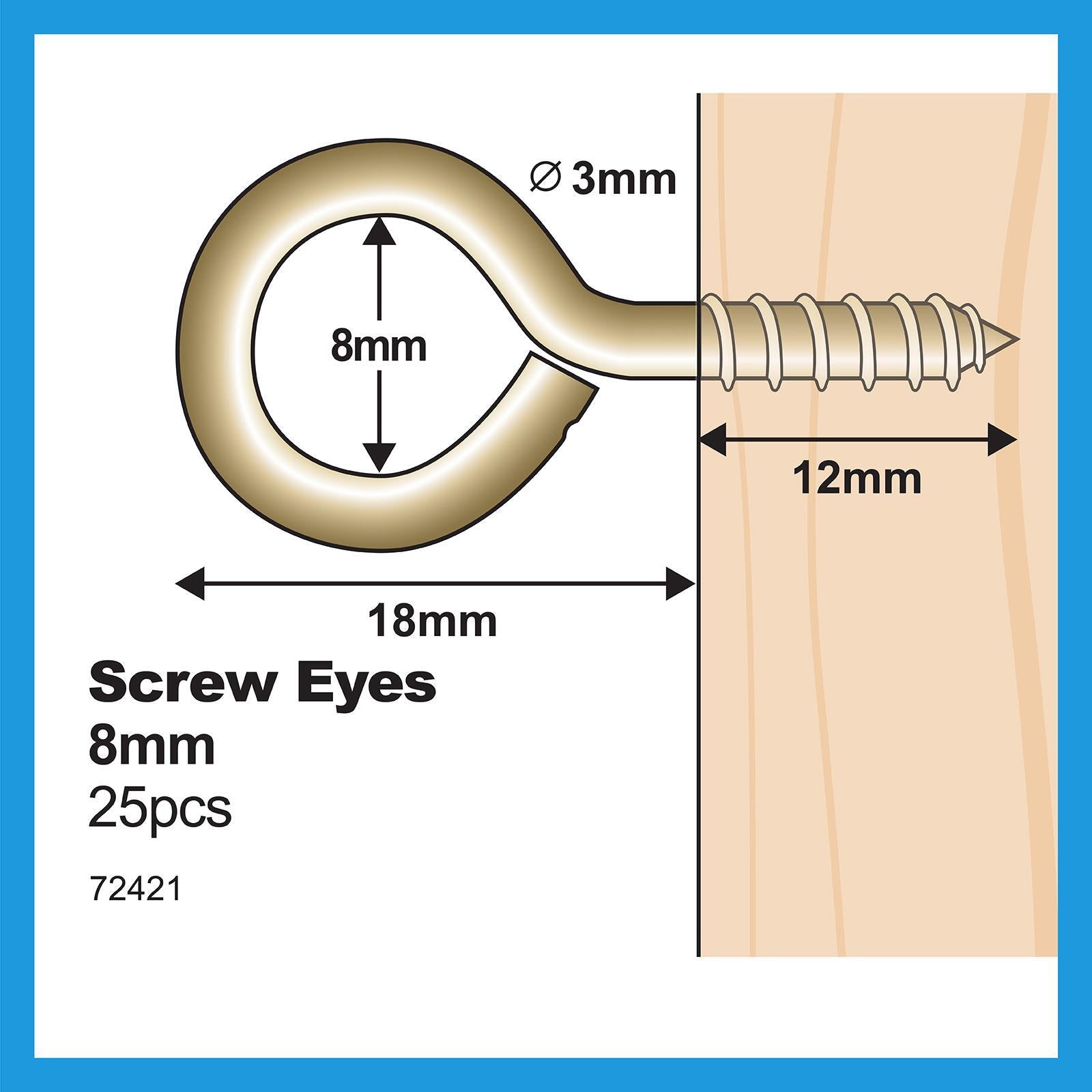 Everhang 8mm Brass Plated Steel Screw Eye Hook - 25 Pack