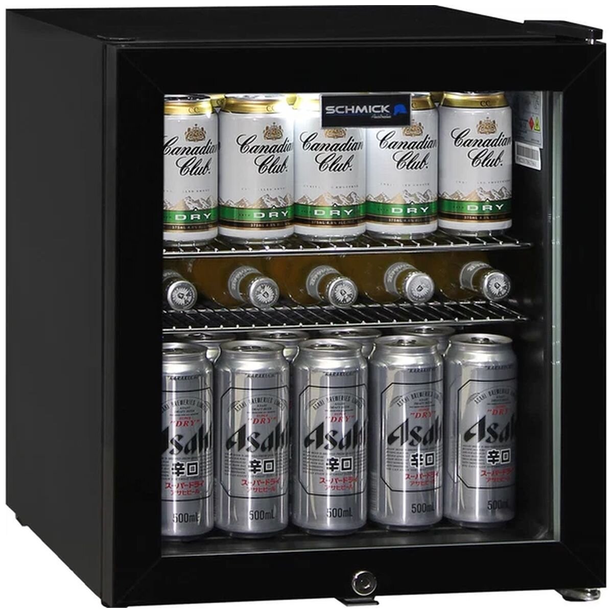 Schmick 50L Glass Door Mini Bar Fridge - Black, Lockable, Freestanding or Underbench - HUS-SC50AB
