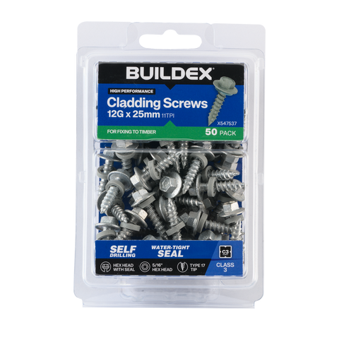 Buildex Cladding Screws 12g x 25mm - 50 Pack - Zinc-Alloy - Corrosion Resistant - SuperSaverAU - view 1