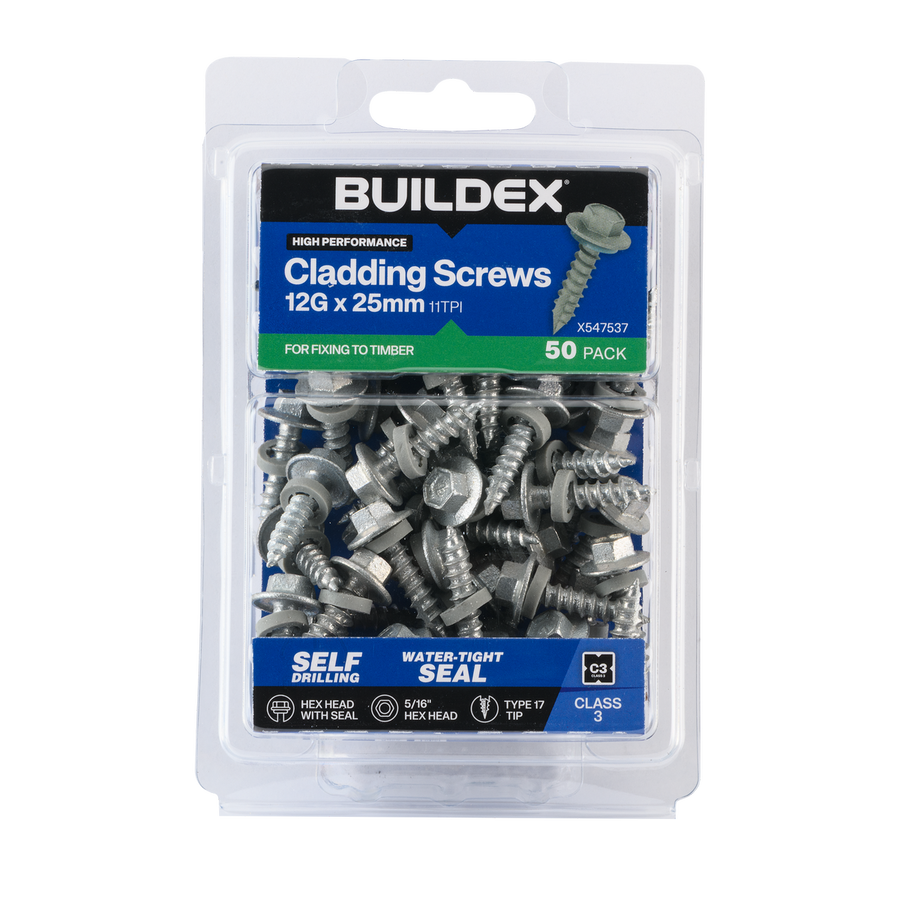 Buildex Cladding Screws 12g x 25mm - 50 Pack - Zinc-Alloy - Corrosion Resistant - SuperSaverAU - view 1