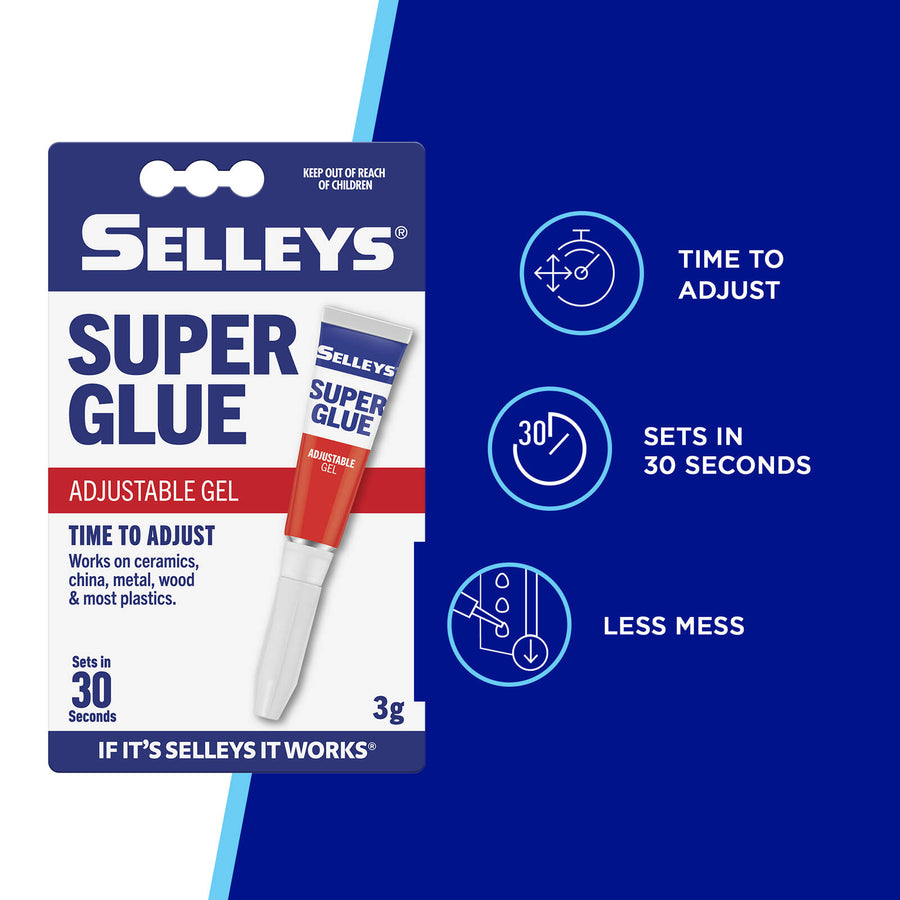 Selleys 3g Super Glue Adjustable Gel, Dries Clear, Bonds Ceramic Metal Wood & Plastics
