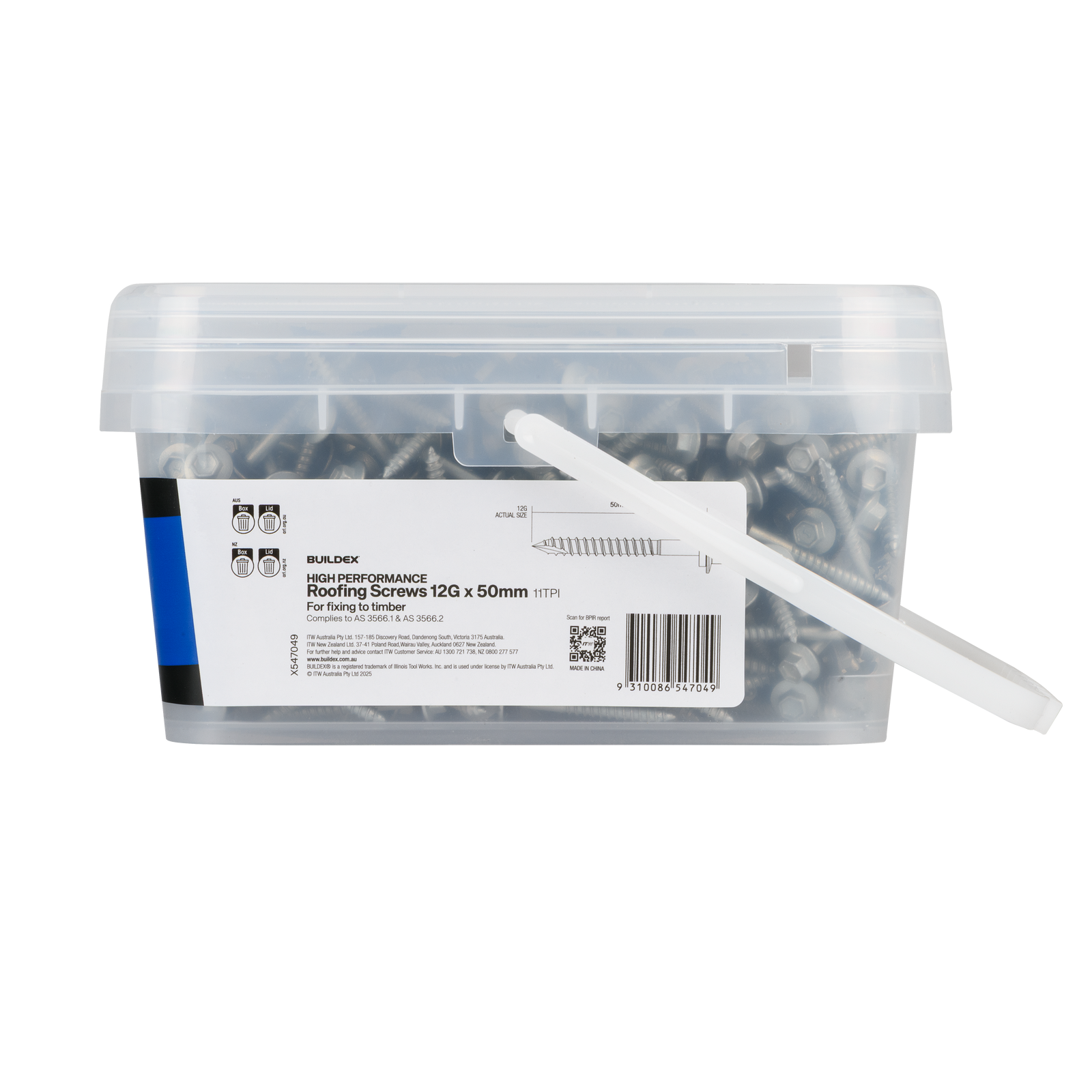 Buildex 12G x 50mm Class 3 Roofing Screws with Seal - 1000 Pack