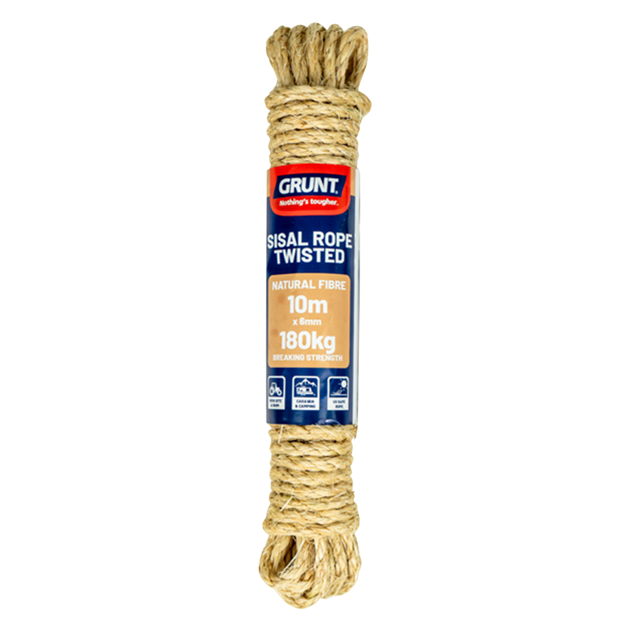 Grunt 6mm x 10m Sisal Twisted Rope, Natural Fibre, 180kg Break Strength, Weather Resistant