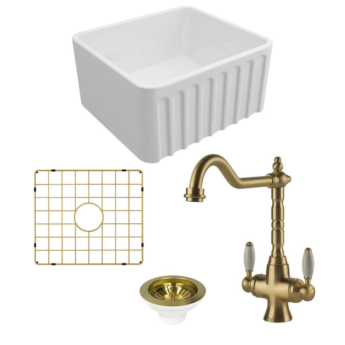 Turner Hastings Novi 50 Butler Sink Pack - Brushed Brass Providence Double Mixer Tap - PKG034