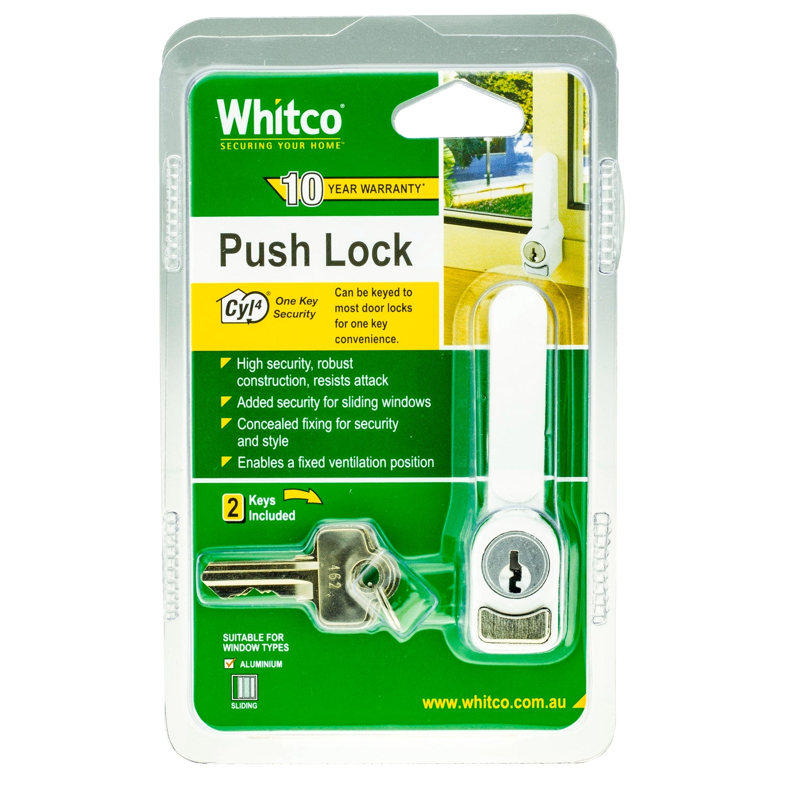Whitco Sliding Window Push Lock - White Zinc Diecast, Push Button, Lockable