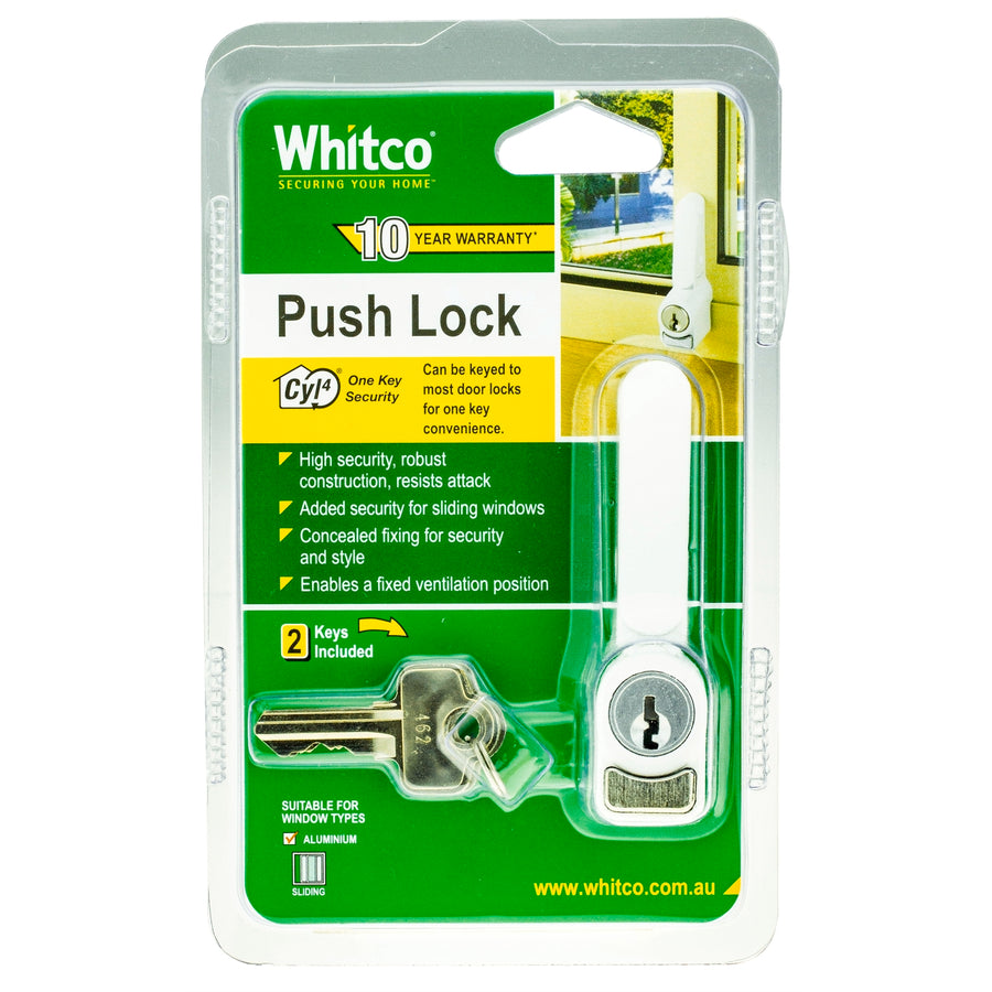 Whitco Sliding Window Push Lock - White Zinc Diecast, Push Button, Lockable
