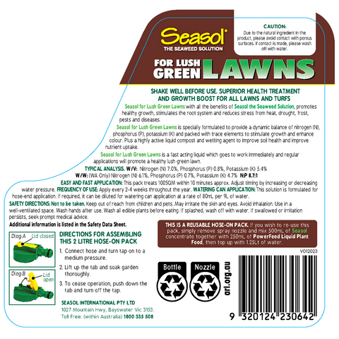 Seasol 2 x 2L Ready To Use Lawn Fertiliser Twin Pack with Wetting Agent, Covers 200sqm