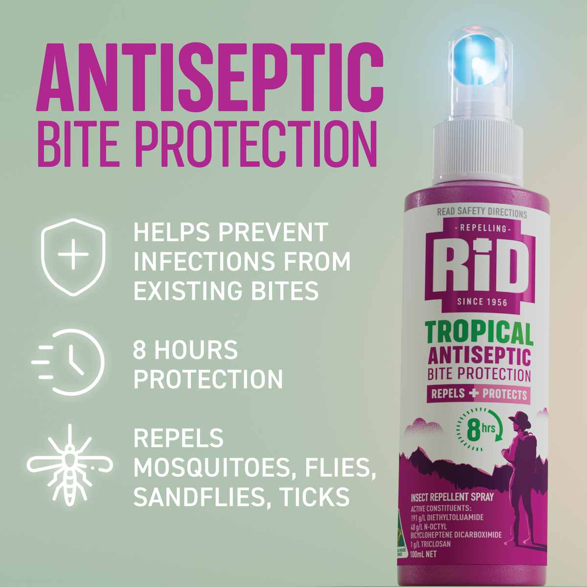 RID Tropical Antiseptic Bite Protection Spray - 100ml - DEET - Mosquito Repellent - SuperSaverAU - view 5
