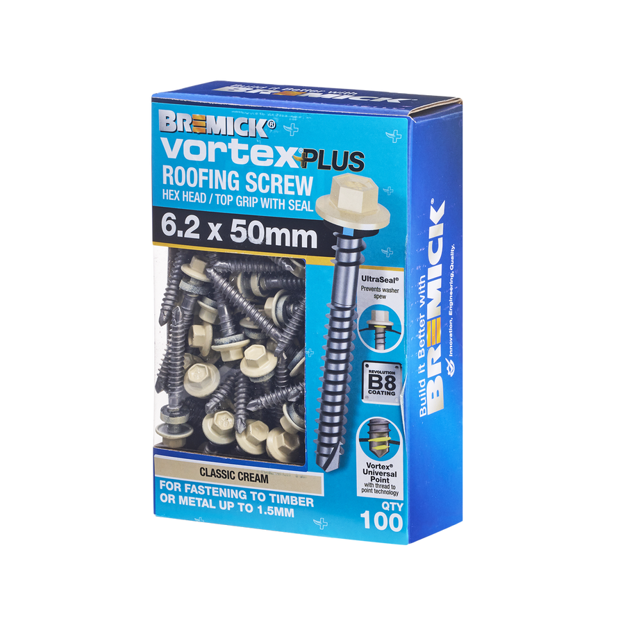 Bremick Vortex Plus Roofing Screw 6.2 x 50mm - Hex B8 - Box of 100 - Watertight Seal - Durable Carbon Steel - SuperSaverAU - view 1