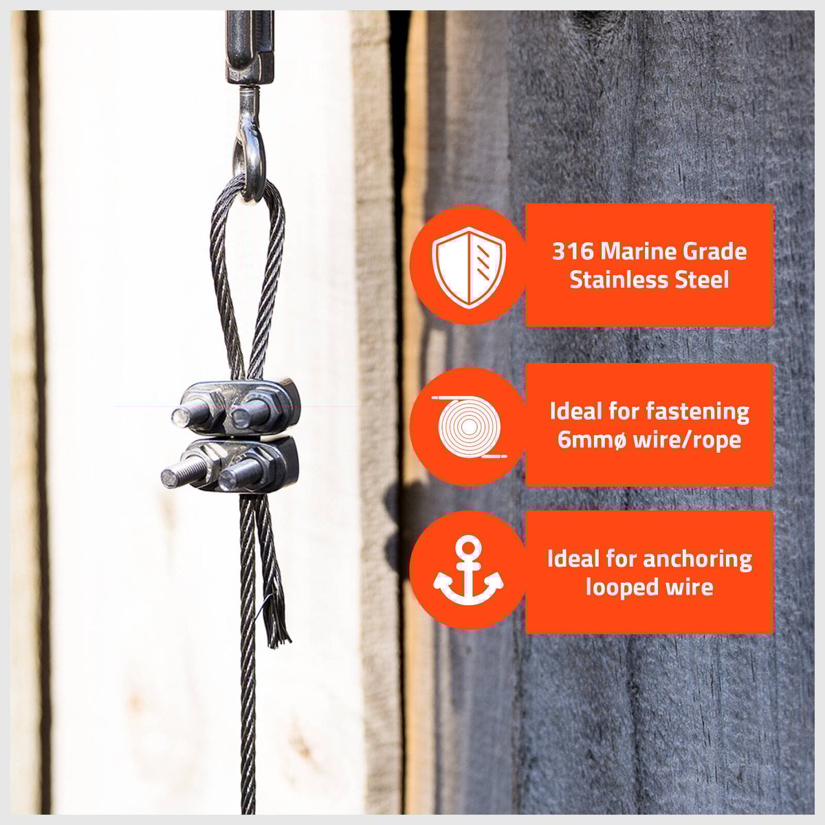 Taskmaster 6mm 316 Stainless Steel Wire Rope Grips 2 Pack - Durable - Anti-Corrosive