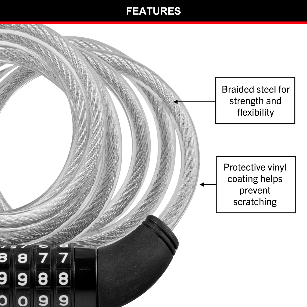 Master Lock 1.8m x 8mm Combination Bike Lock - Braided Steel, Vinyl Coated
