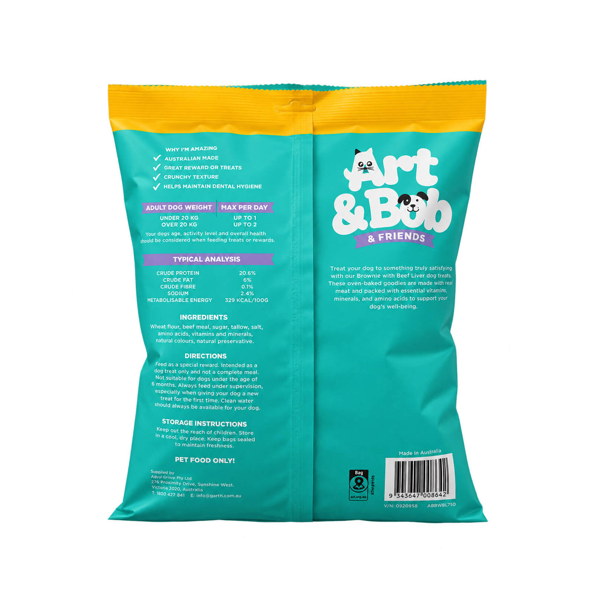 Art & Bob Brownie with Beef Liver Bites Adult Dog Treats, Australian Made Biscuits 750g
