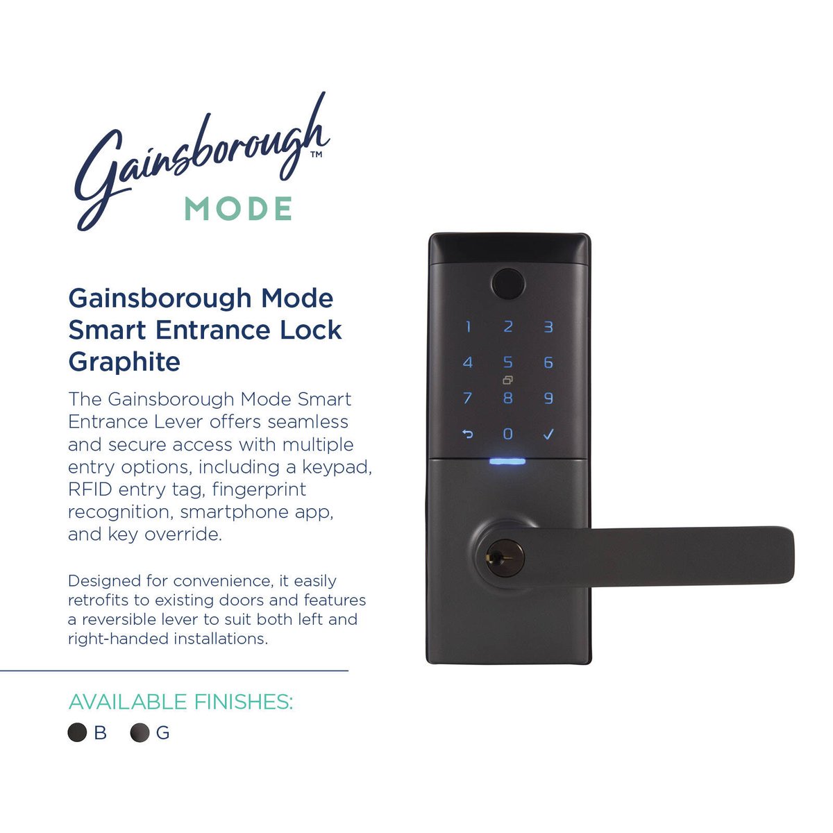 Gainsborough Mode Smart Entrance Lever Lock - Graphite - RFID, Fingerprint, Keypad - 115mm x 230mm x 52mm