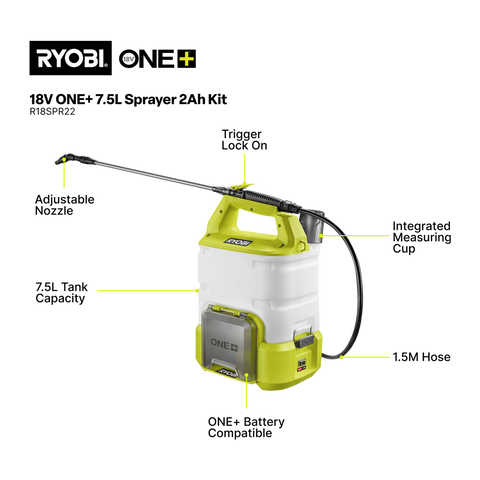 Ryobi 7.5L Garden Sprayer Kit - 18V ONE+ Battery & Charger - Pest Control - SuperSaverAU - view 2
