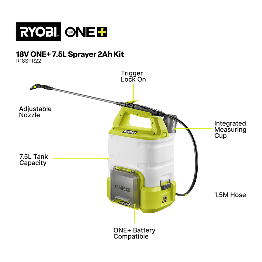 Ryobi 7.5L Garden Sprayer Kit - 18V ONE+ Battery & Charger - Pest Control - SuperSaverAU - view 2