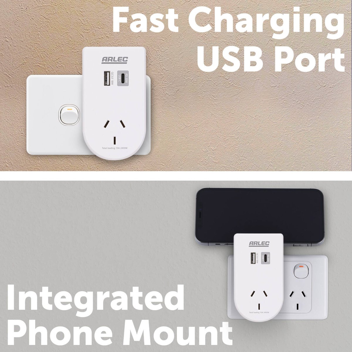 Arlec Power Adaptor with Integrated Phone Mount - Dual USB PD20W - Matt White - 55mm x 100mm x 70mm - SuperSaverAU - view 4