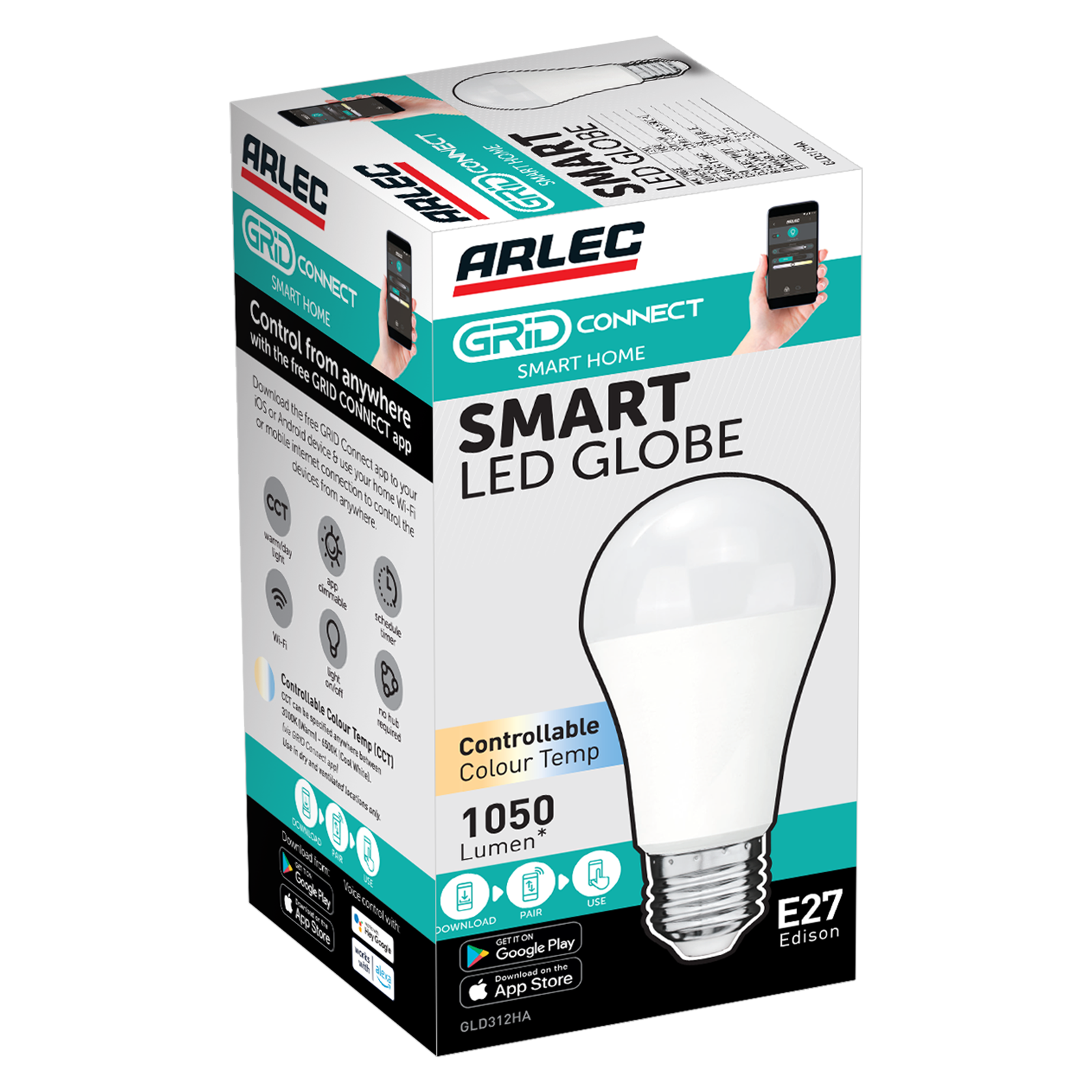 Arlec Grid Connect Smart E27 LED Globe 12W 1050lm CCT Colour Dimmable