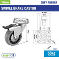 Move It 100mm Grey Rubber Heavy Duty Swivel Castor with Brake, 55kg Load