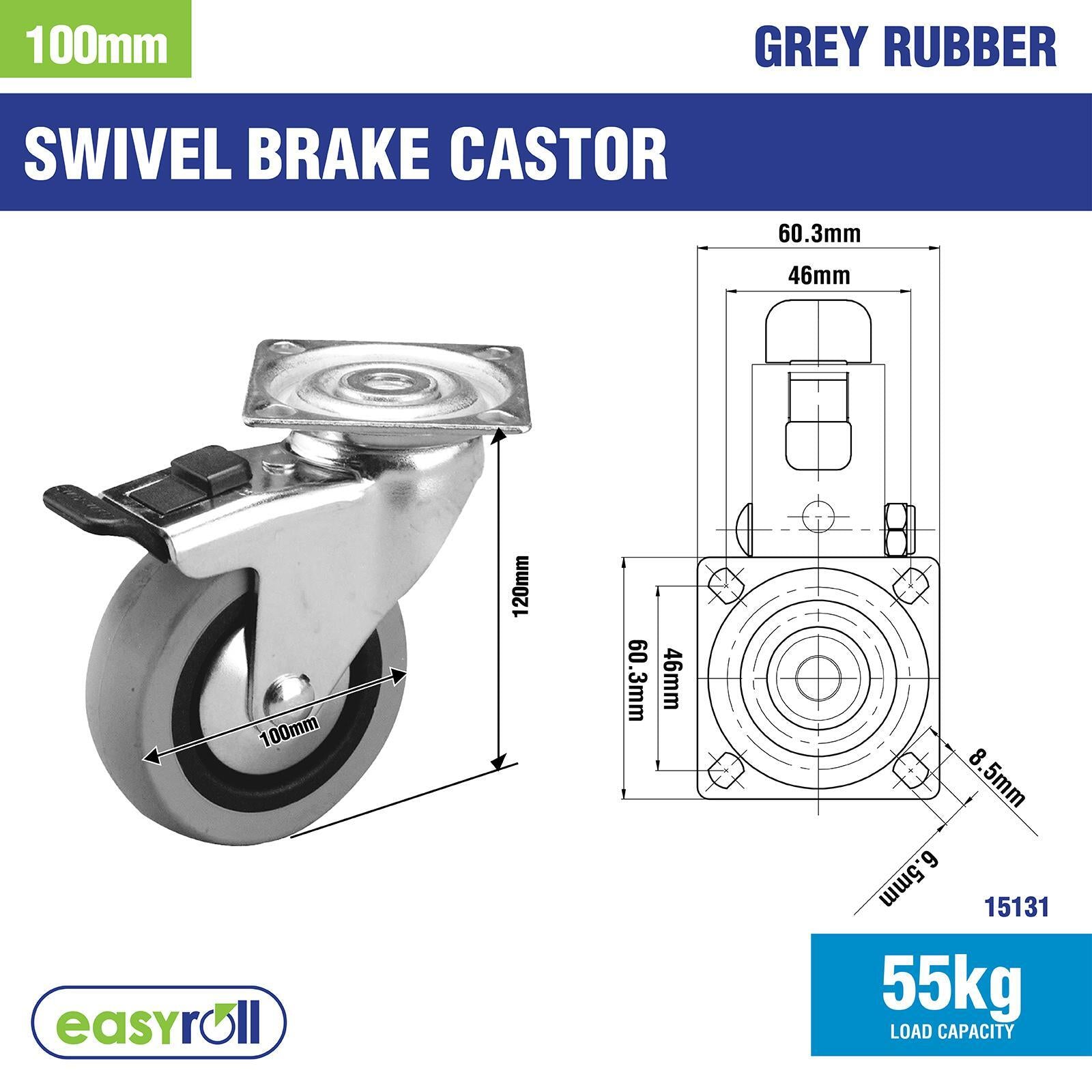 Move It 100mm Grey Rubber Heavy Duty Swivel Castor with Brake, 55kg Load