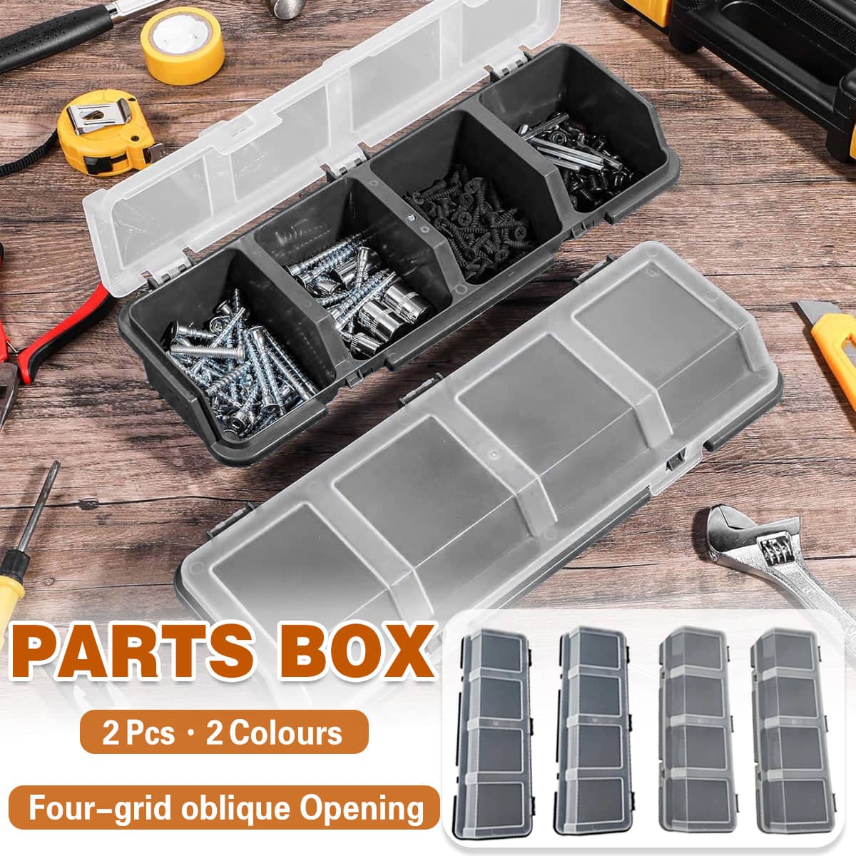 4-Grid Parts Storage Box with Lid, Pack of 2 - Grey - view 2