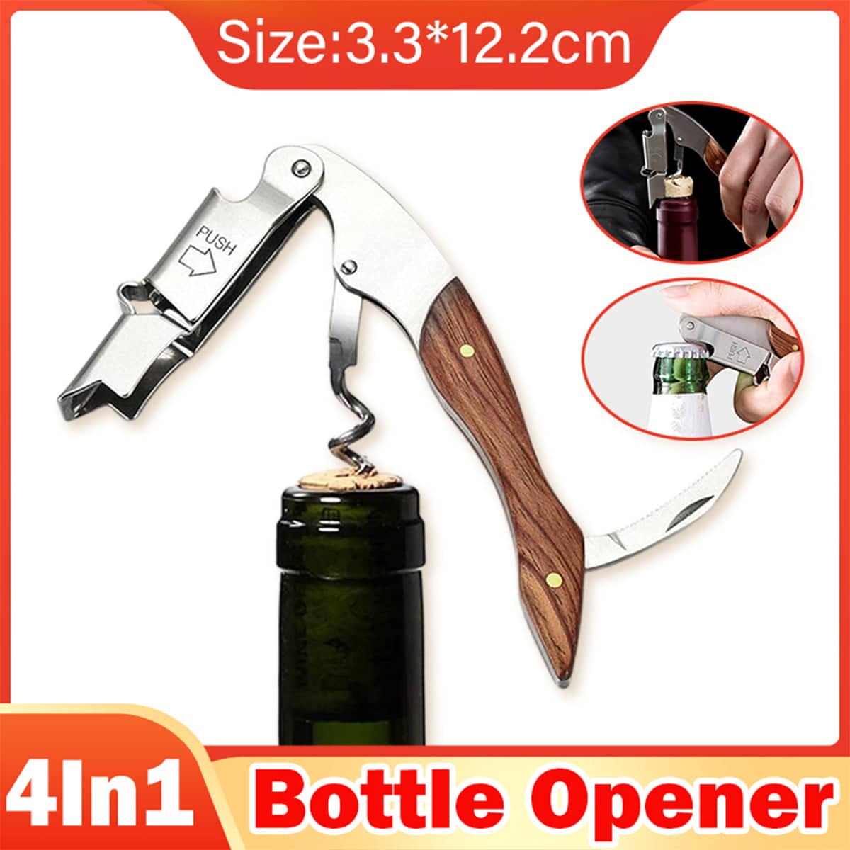 4-In-1 Wine Opener Corkscrew with Foil Cutter, Bottle Opener and Wine Stopper