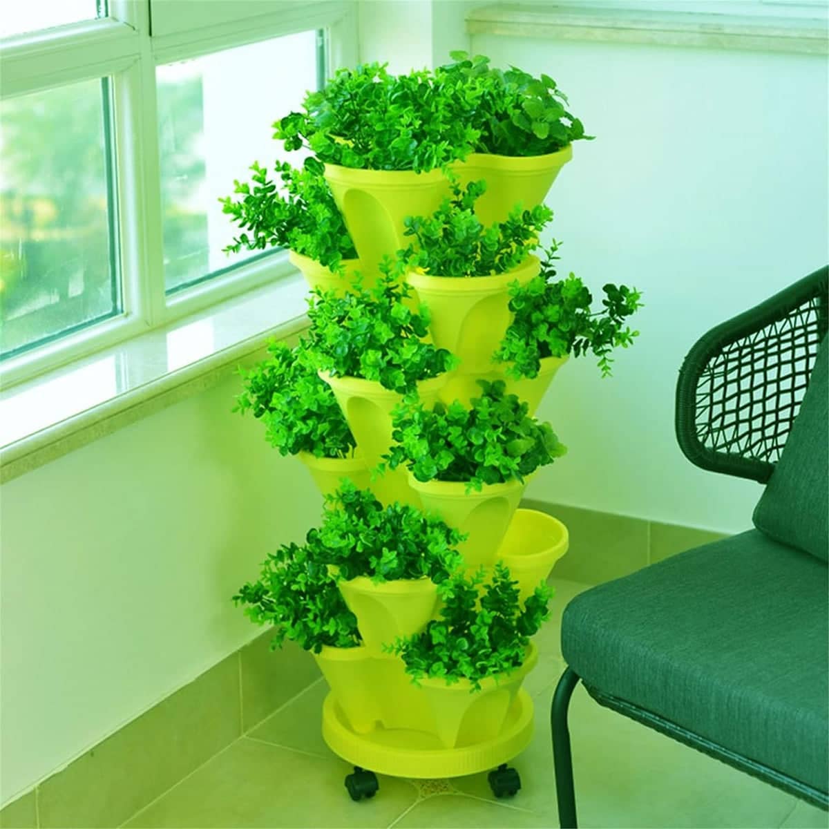 4-Petal 3D Stackable Flower Pot Planter with Wheeled Base - Green - view 5