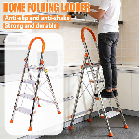 4 Step Folding Ladder Aluminium Anti-Slip for Home, 142 cm Extended Height