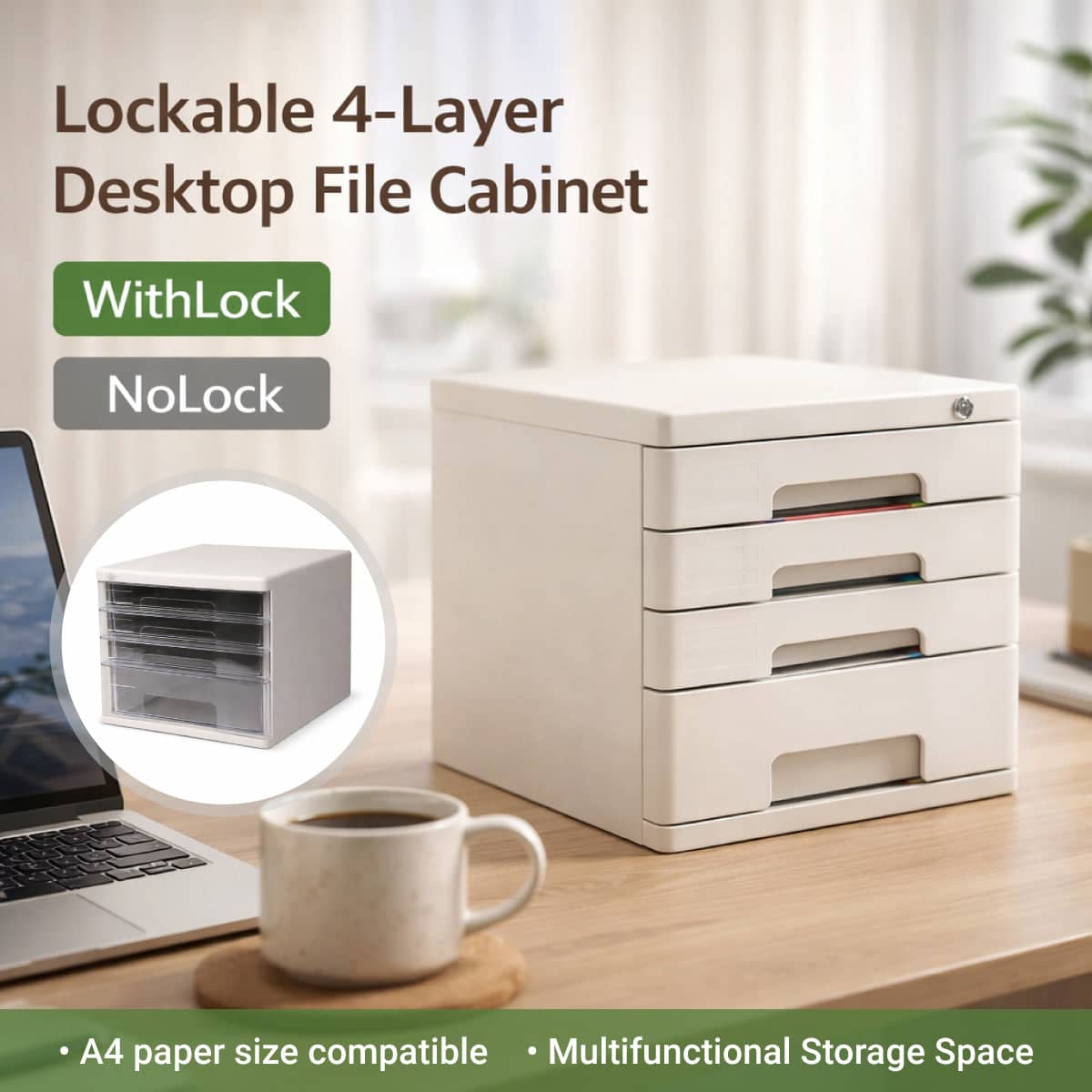4 Tier Desktop File Storage Cabinet, A4 and Letter - No Lock - view 2