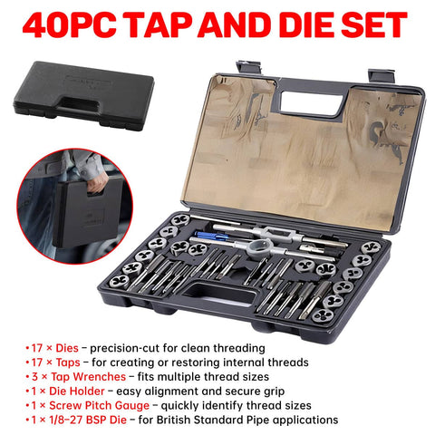 40 Piece Tap and Die Set for Automotive Repair and Metal or Wood Thread Cutting