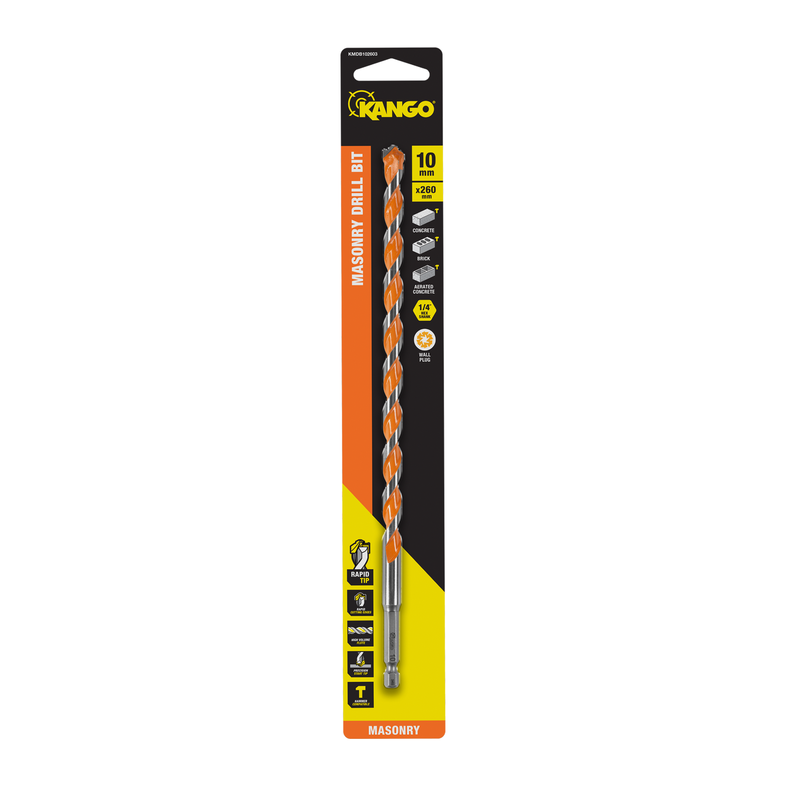 Kango 10 x 260mm Masonry Drill Bit, 1/4" Hex for Concrete & Brick