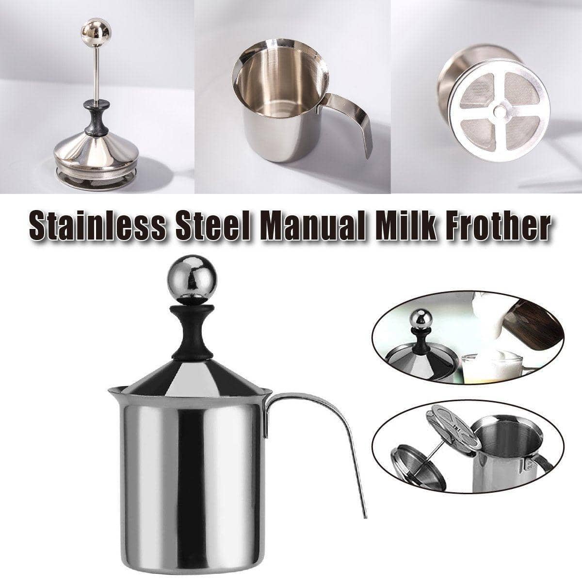 400ml Stainless Steel Manual Milk Frother, Double Mesh Strainer Frothing Pitcher