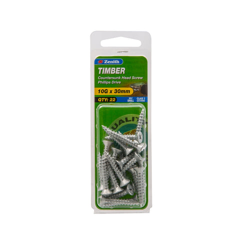 Zenith 10G x 30mm Galvanised Countersunk Timber Screws - 22 Pack