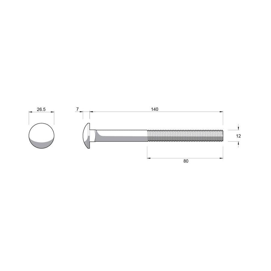 Zenith M12 x 140mm Hot Dip Galvanised Cup Head Bolt & Nut - 4.6 Grade Steel