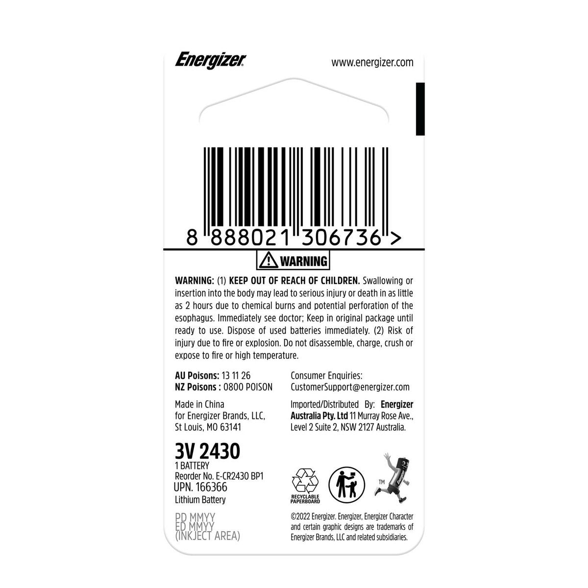 Energizer 2430 Lithium Coin Battery - 1 Pack - 44.5mm x 89mm - Long-lasting - SuperSaverAU - view 2