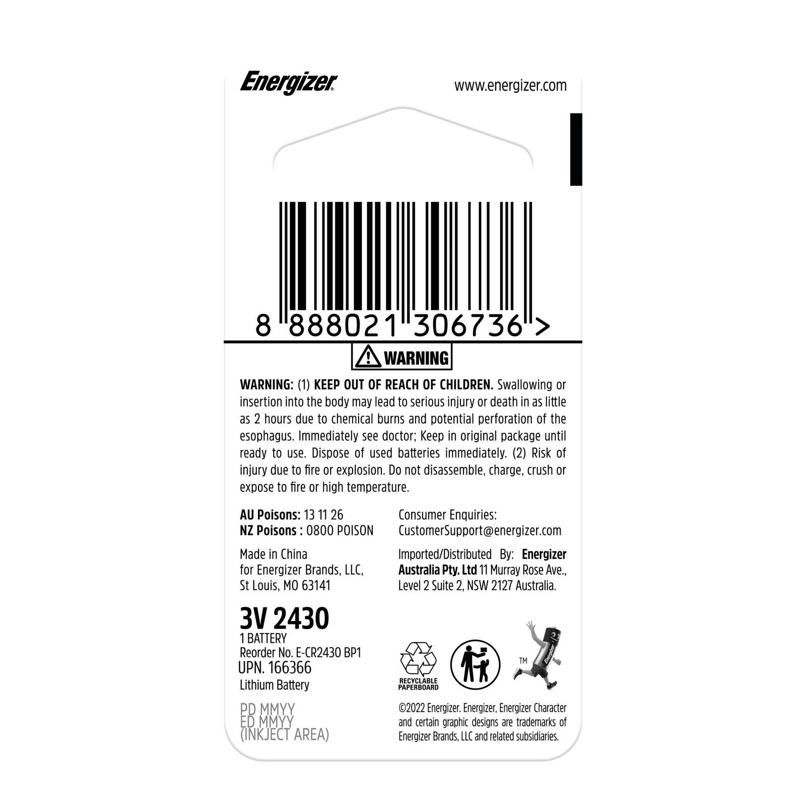 Energizer 2430 Lithium Coin Battery 1 Pack