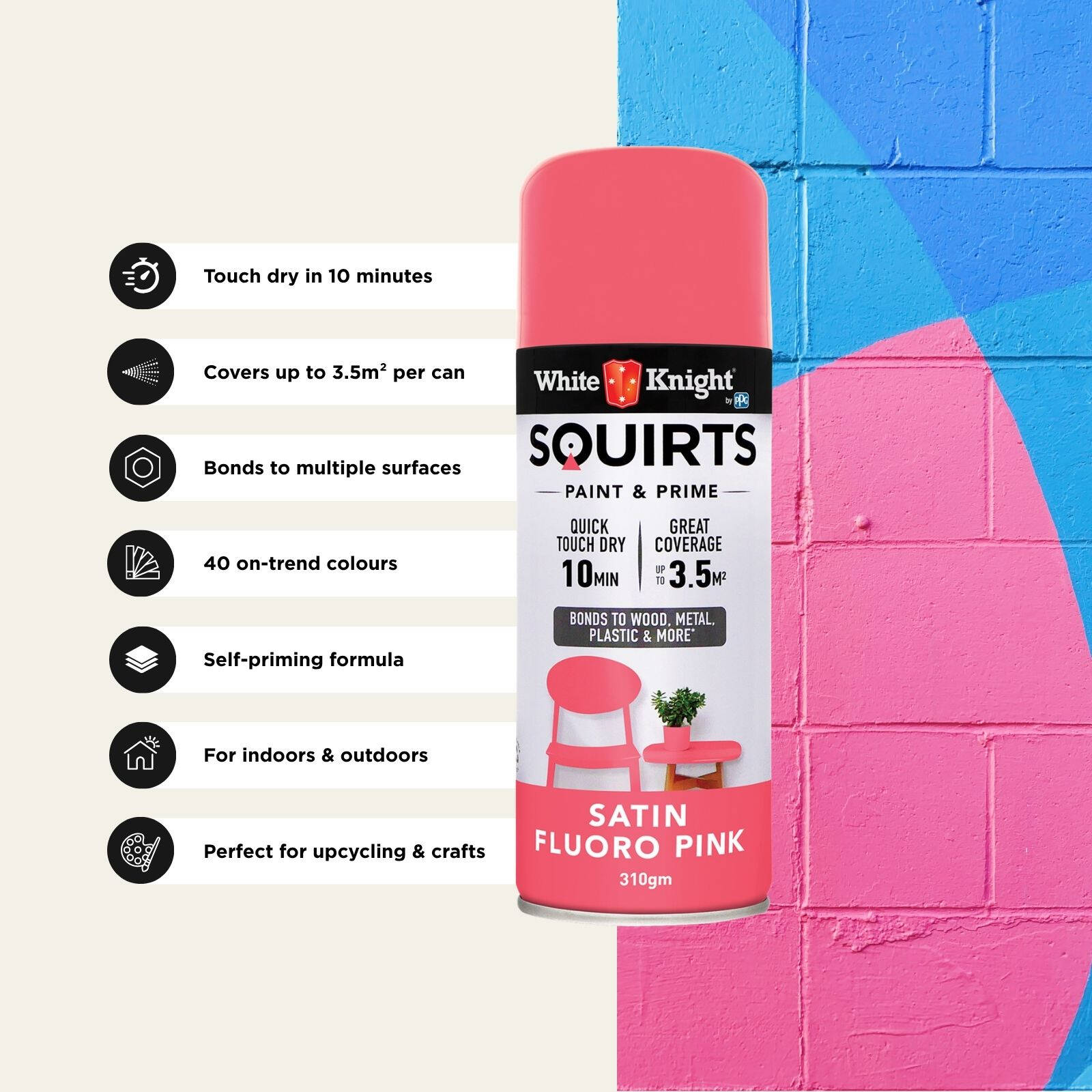 White Knight Squirts Fluoro Pink Satin Spray Paint 310g - Solvent-Based, Waterproof