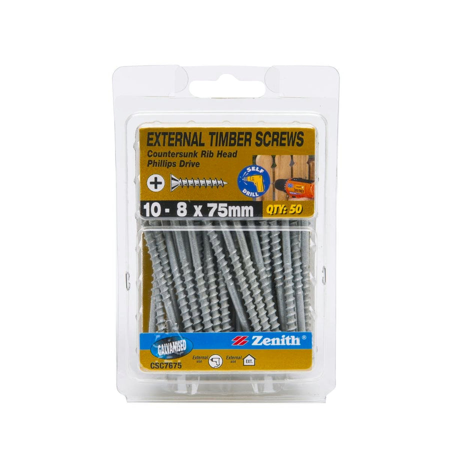 Zenith Timber Screws 10 x 75mm Galvanised 50 Pack Maximum Grip - SuperSaverAU - view 1