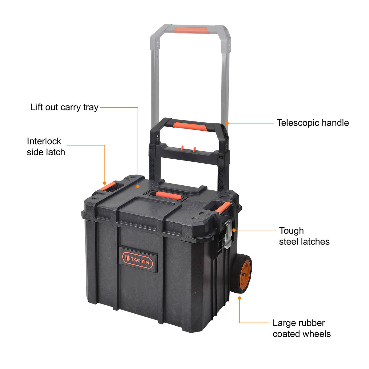 Tactix Modular Rolling Toolbox with Lift-Out Carry Tray, 562mm, Telescopic Handle, Black