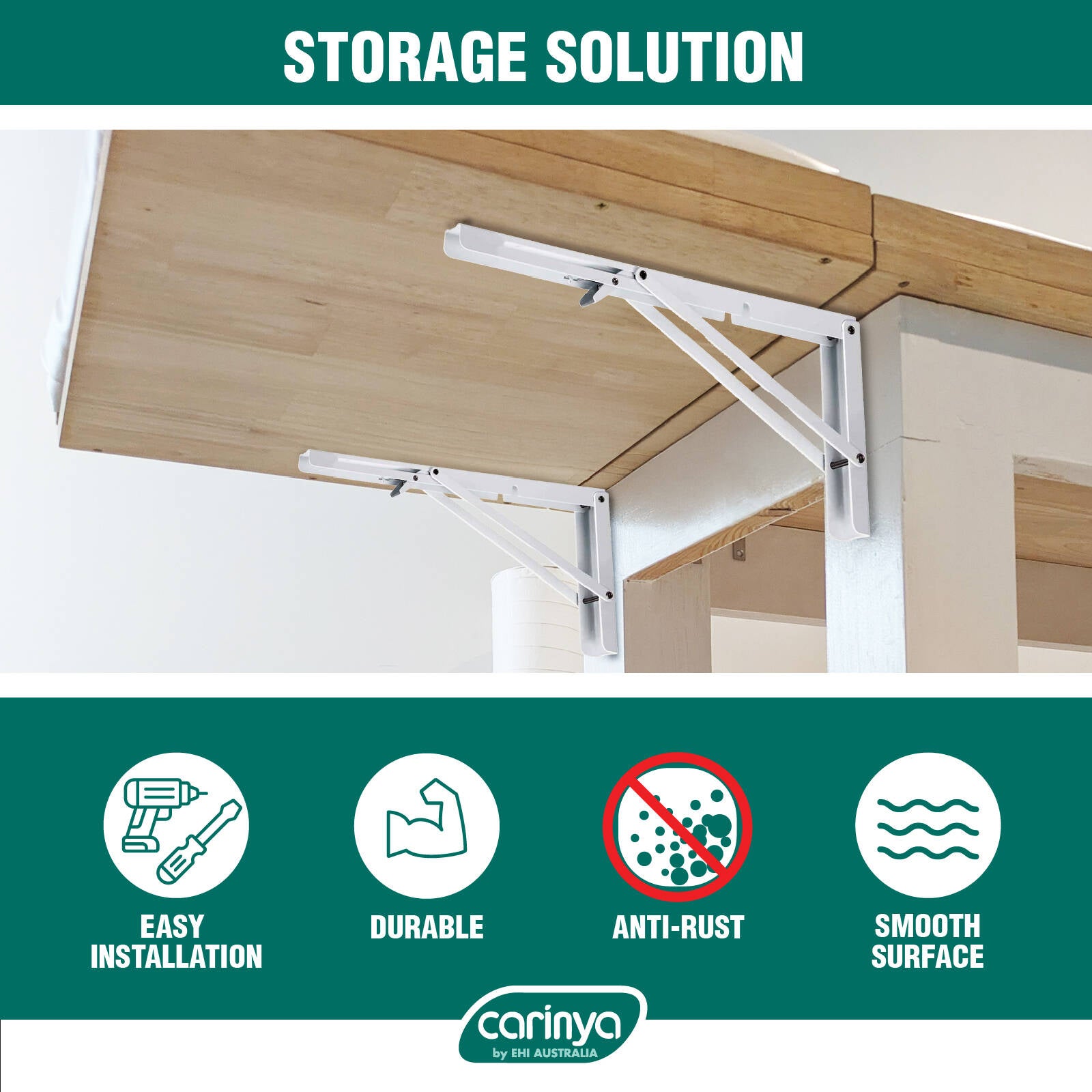 Carinya 315 x 145mm White Powder Coated Folding Spring Loaded Wall Bracket 50kg