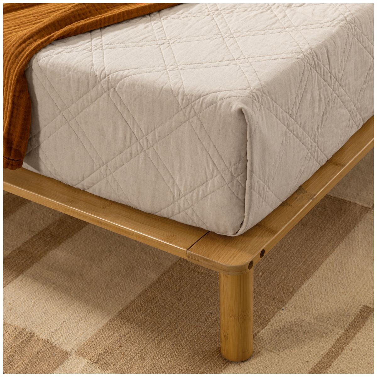 Zinus Double Bamboo Bed Frame - Natural Bamboo, Powder-Coated Steel, Curved Pipe Headboard - AU-FPWNH9ZC-08D