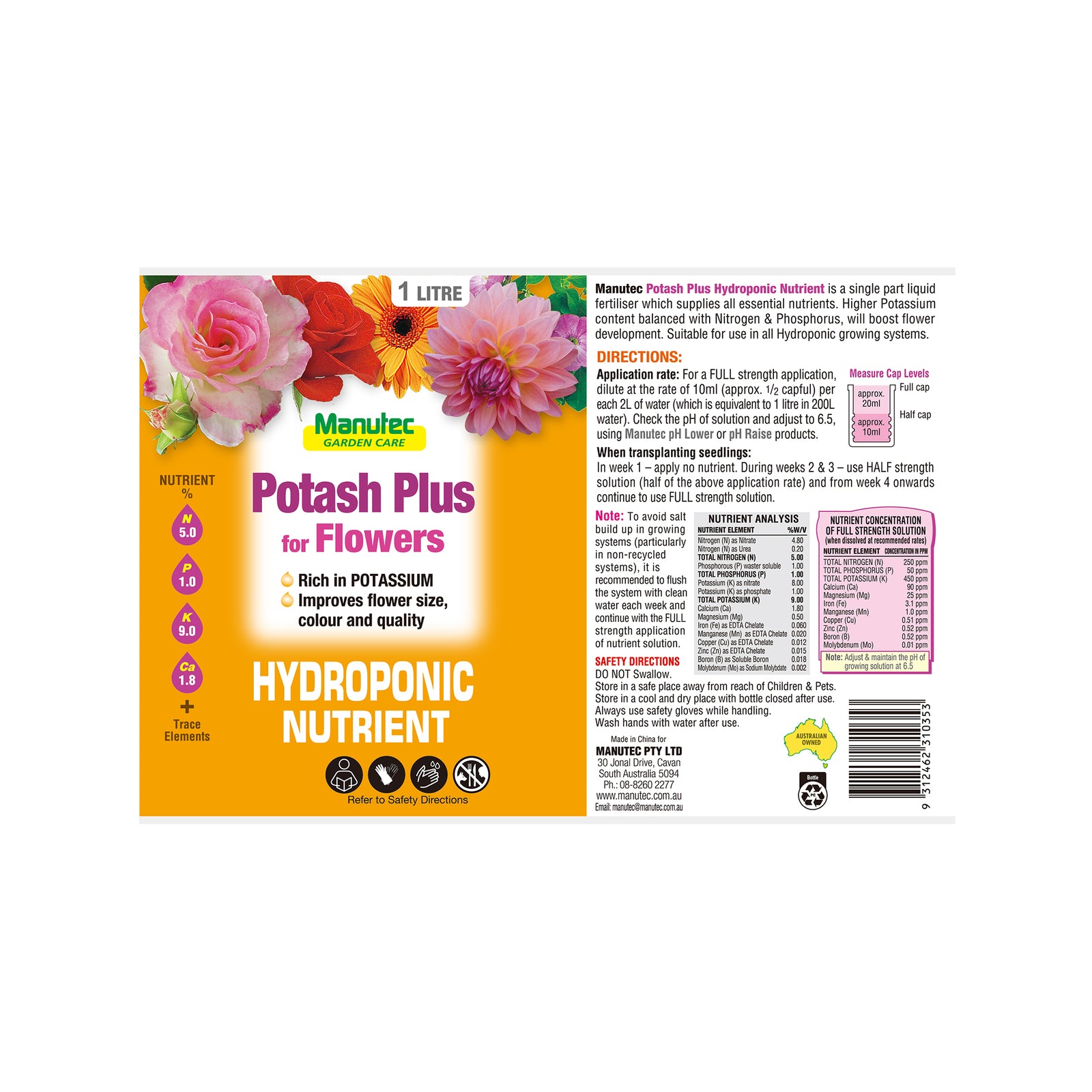 Manutec 1L Hydroponic Potash Plus for Flowers