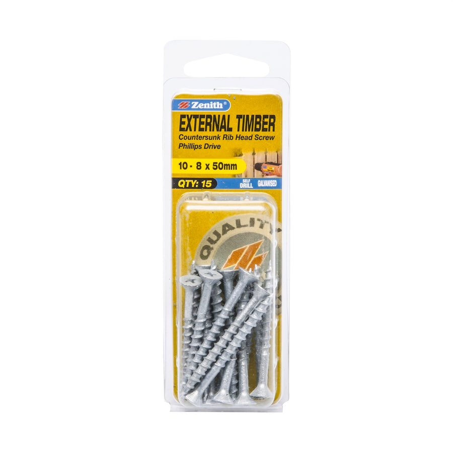 Zenith 10-8 x 50mm Galvanised Countersunk Rib Head External Timber Screws - 15 Pack