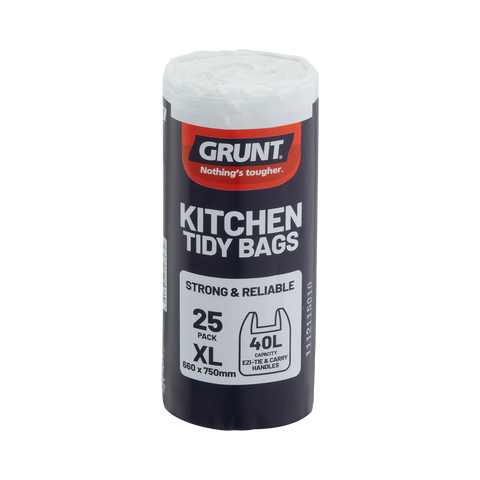 GRUNT 40L White Extra Large Kitchen Tidy Bags, 25 Pack, HDPE with Tie Handles