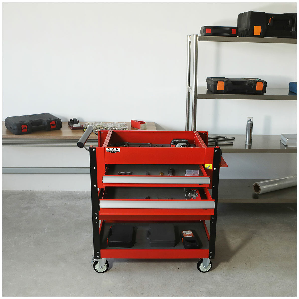 NXA 76cm Red Tool Cart With 2 Drawers And 3 Trays 30TC2D2TR