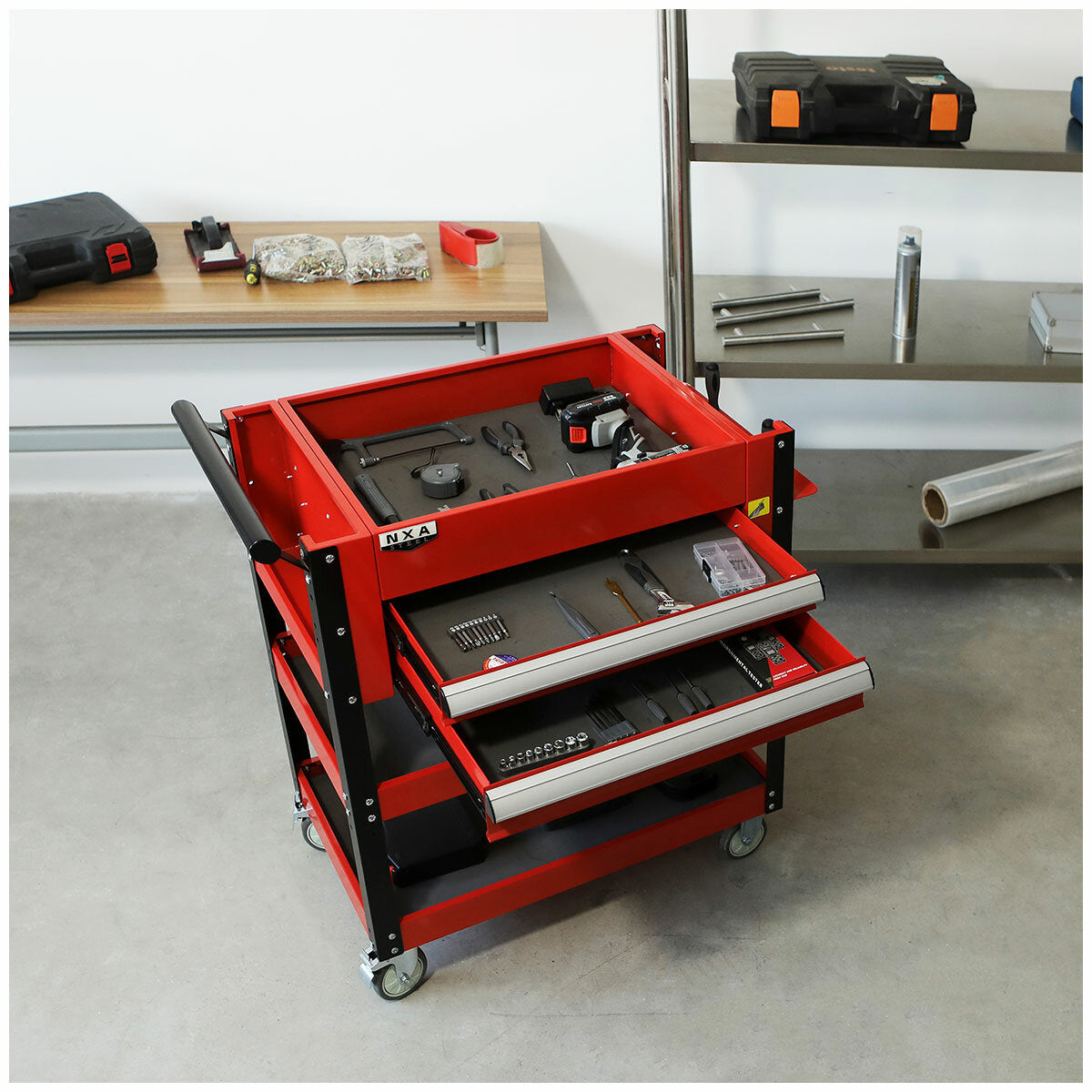 NXA 76cm Red Tool Cart With 2 Drawers And 3 Trays 30TC2D2TR