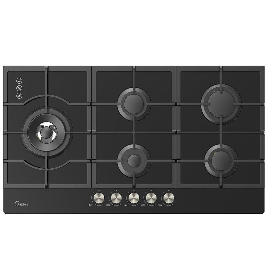 Midea 5 Burner Gas Cooktop 900mm Black Glass Cast Iron Supports MCG90GBL