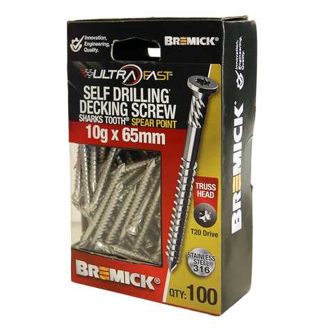 Bremick Ultrafast Stainless Steel 316 T20 Truss Head Screws 100 Pack - 10g x 65mm - Smooth Installation - SuperSaverAU - view 1