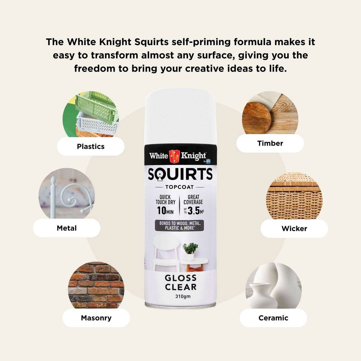White Knight Squirts Clear Gloss Spray Paint 310g - Solvent-Based Clear Topcoat, UV Resistant