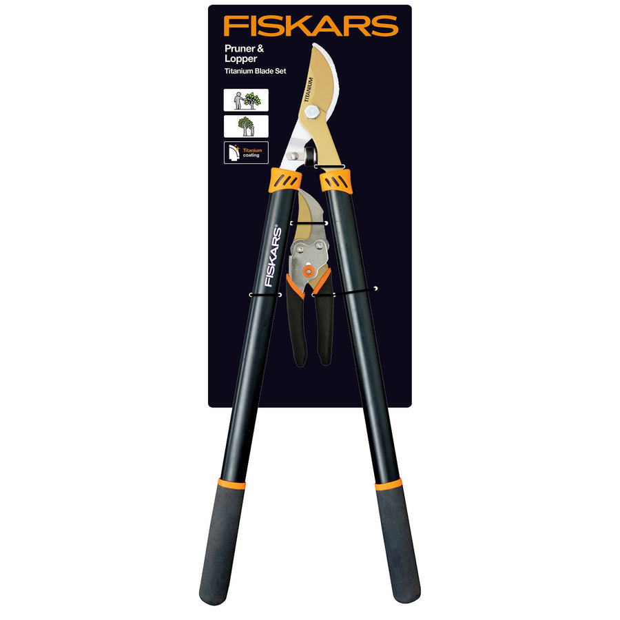 Fiskars Titanium Lopper and Pruner Set 2 Piece, Titanium-Coated Blades, 38mm & 16mm Cut
